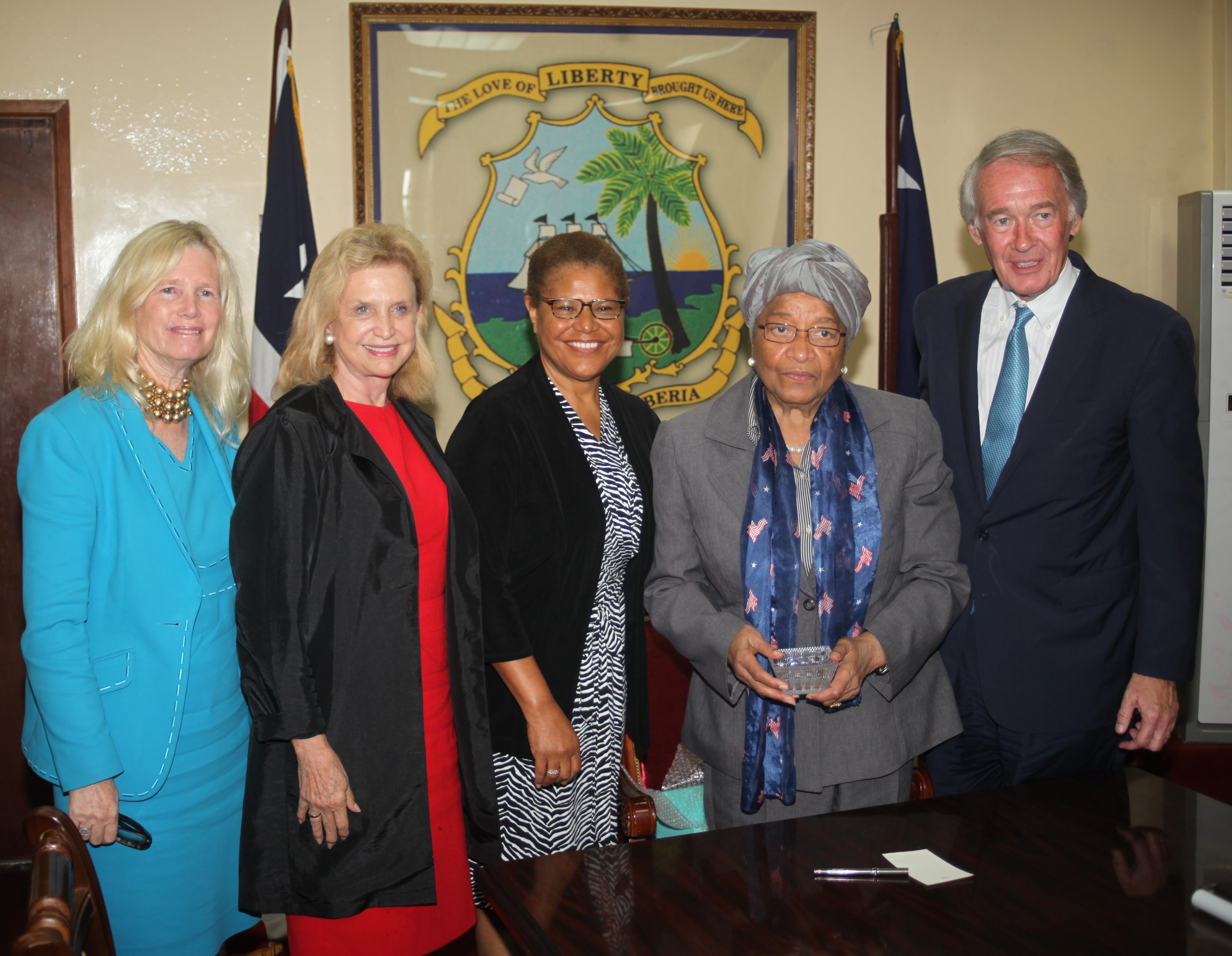 From right- Senator Edward Marley, President Sirleaf, Representative Karen Bass, Representative Carolyn Maloney and Blumenthal (1)